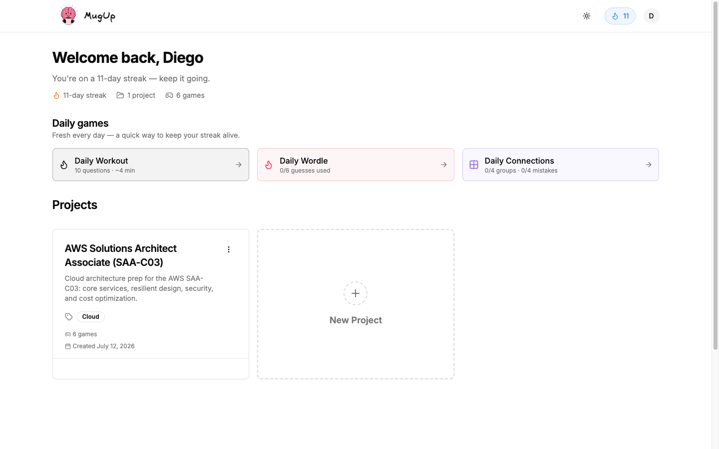 The dashboard — a streak, and the day's row waiting to be cleared