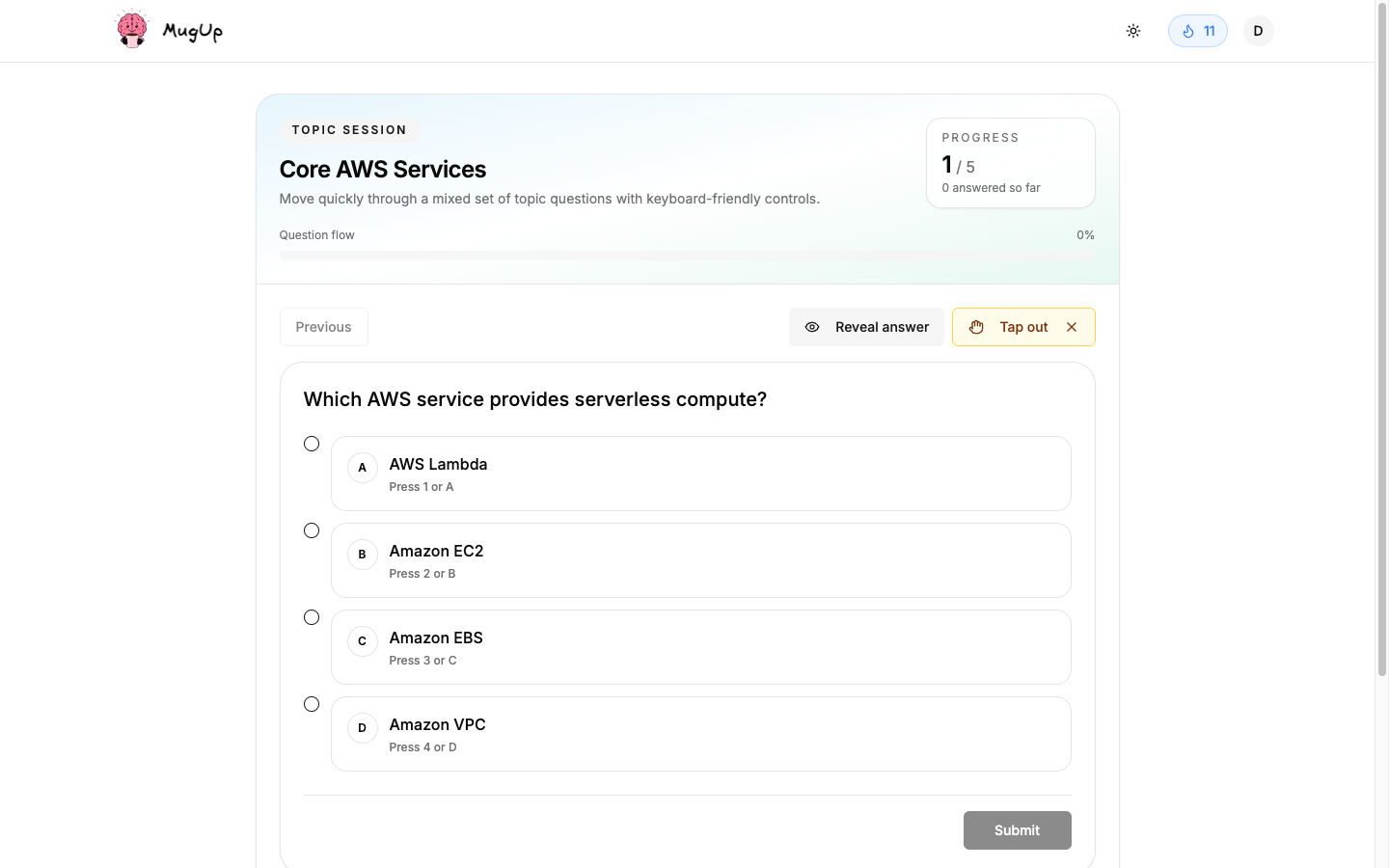 A multiple-choice practice question on AWS core services